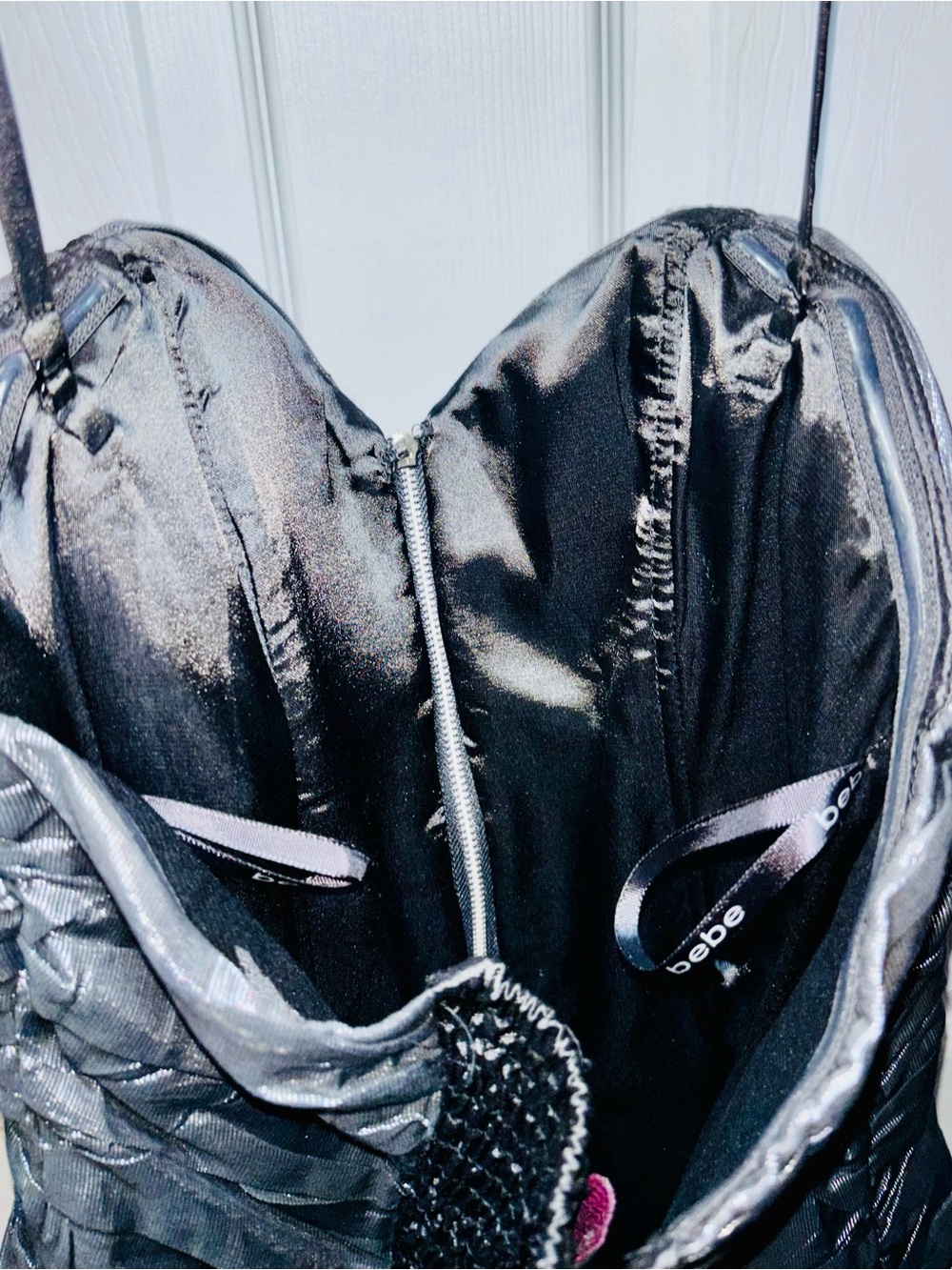 bebe Black Shimmery Zip-Front Ruched Bustier Camisole - Picture 2 of 5